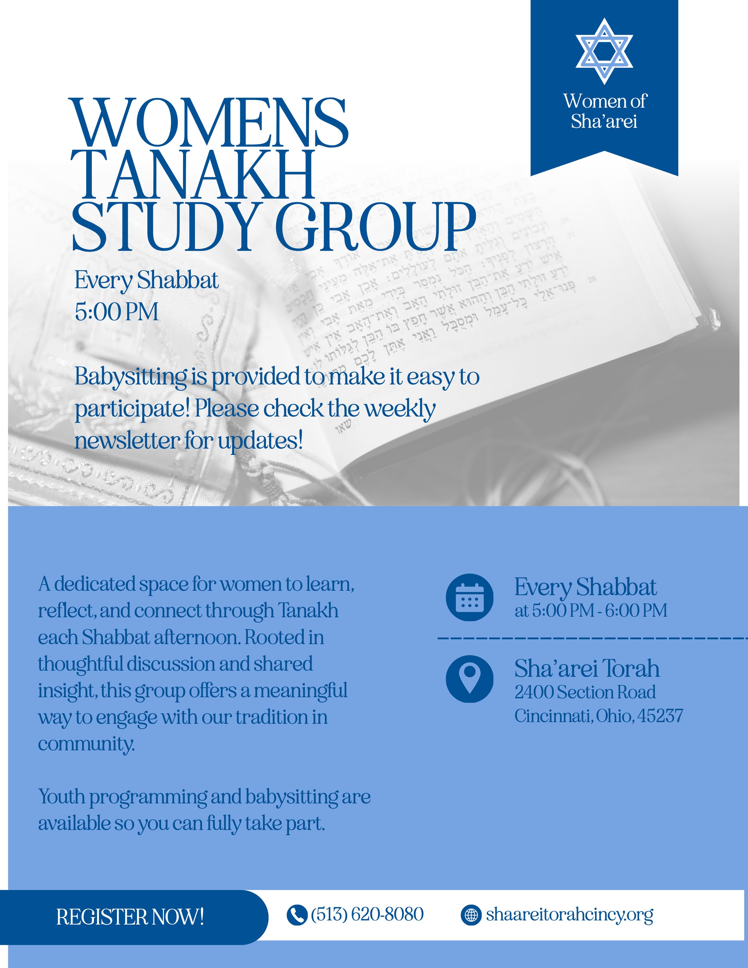 Flyer for Women's Tanakh Study Group organized by Women of Sha'arei. The flyer provides details about the group meeting every Shabbat at 5:00 PM, offers babysitting, and includes contact information and location details.