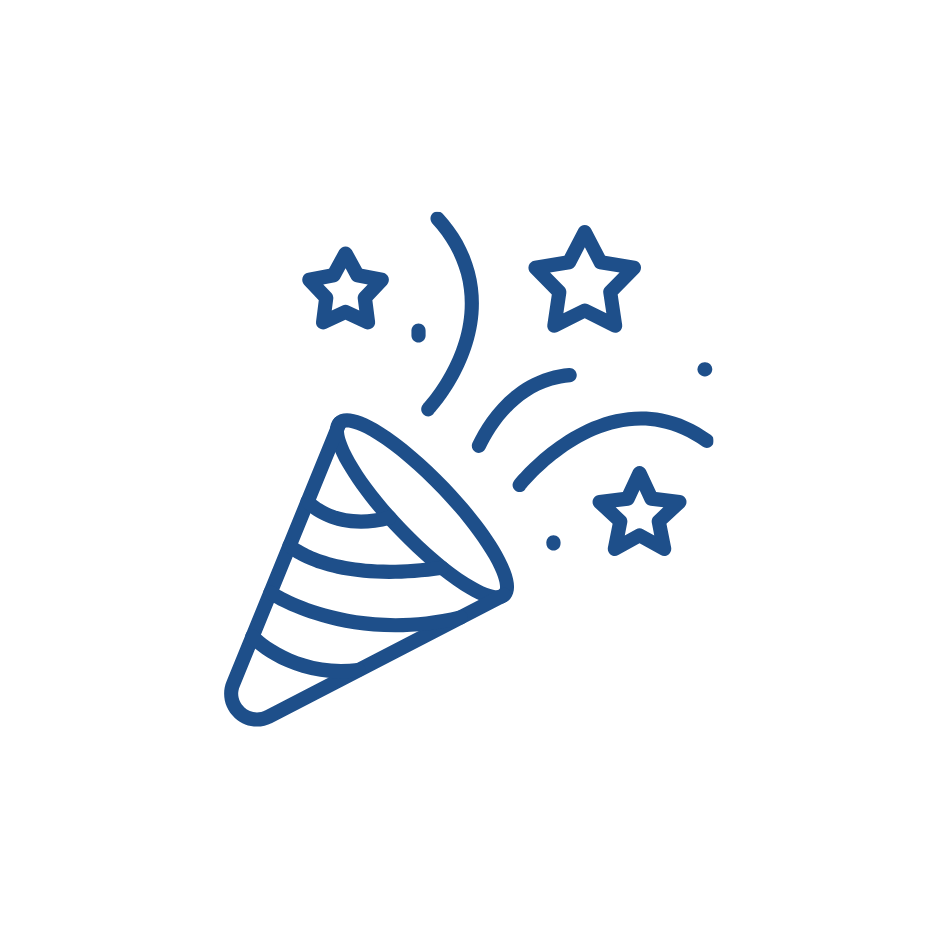 Line drawing of a party popper with stars and confetti coming out of it.