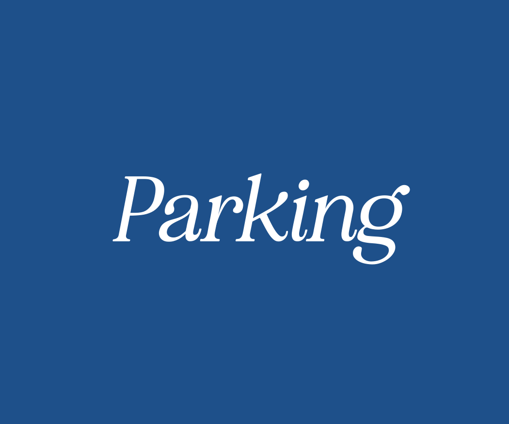 Blue sign with white text reading 'Parking' in italicized font.
