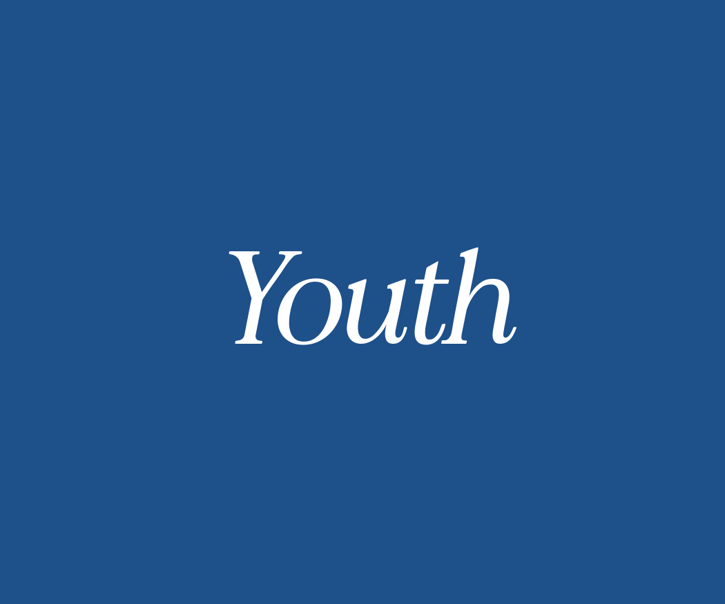 Blue background with the word 'Youth' written in white, italicized font in the center.