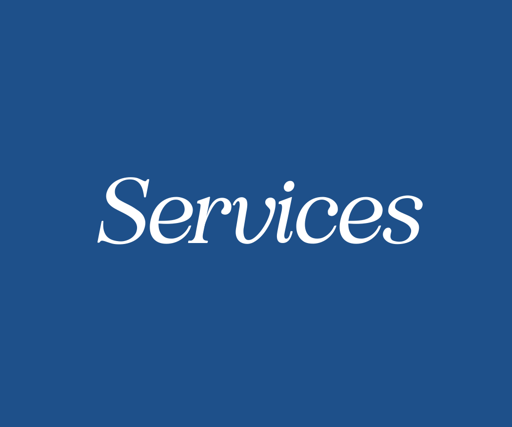 A blue square background with the word "Services" in white, italicized font in the center.