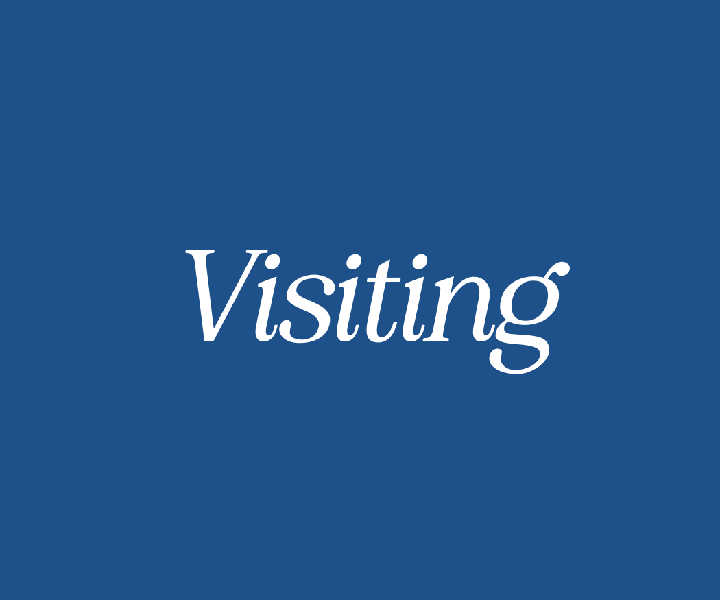 Blue background with the word 'Visiting' written in white cursive text.