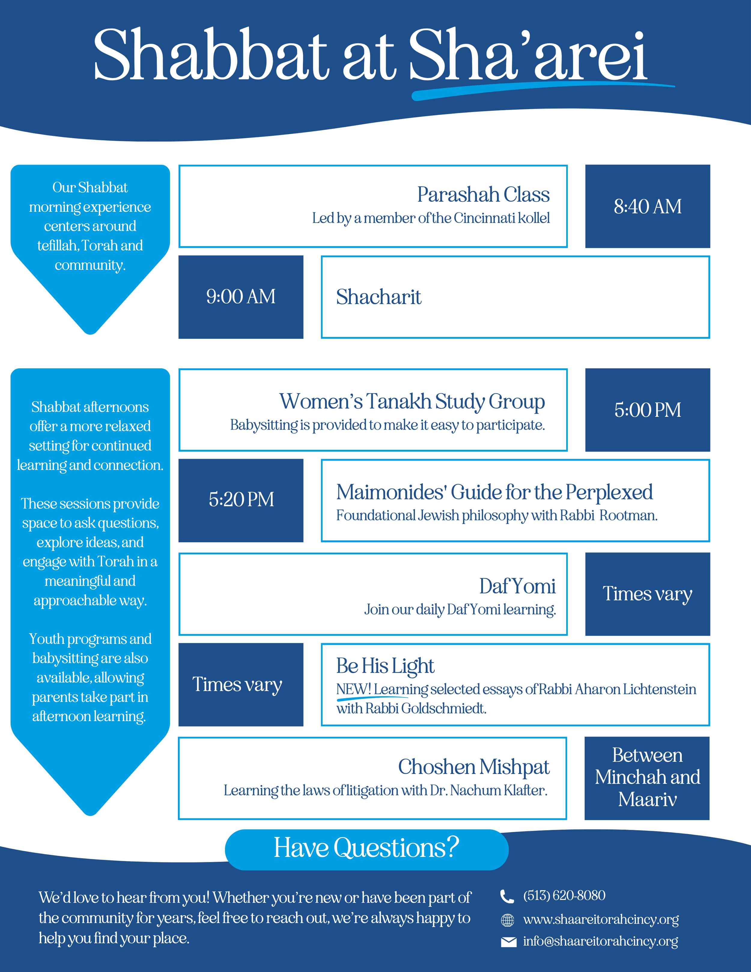 Schedule of Shabbat events at Sha'arei Torah congregation, including classes, study groups, and youth programs with times, descriptions, and contact information.