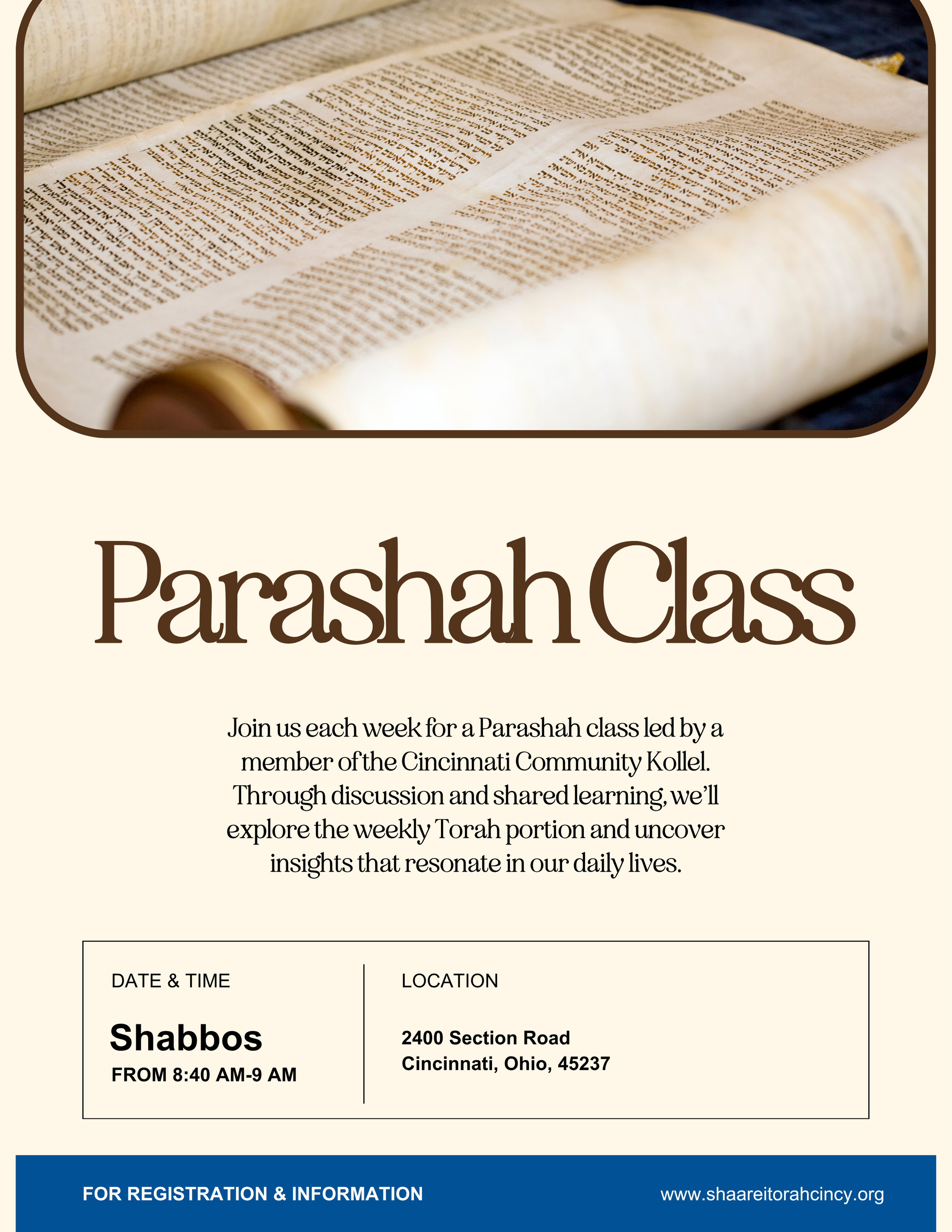 A flyer for a Parashah class with a photo of an open Bible at the top. The flyer invites people to join weekly discussions led by a Cincinnati community member, exploring Torah portions. It includes registration details, date and time, and location information.