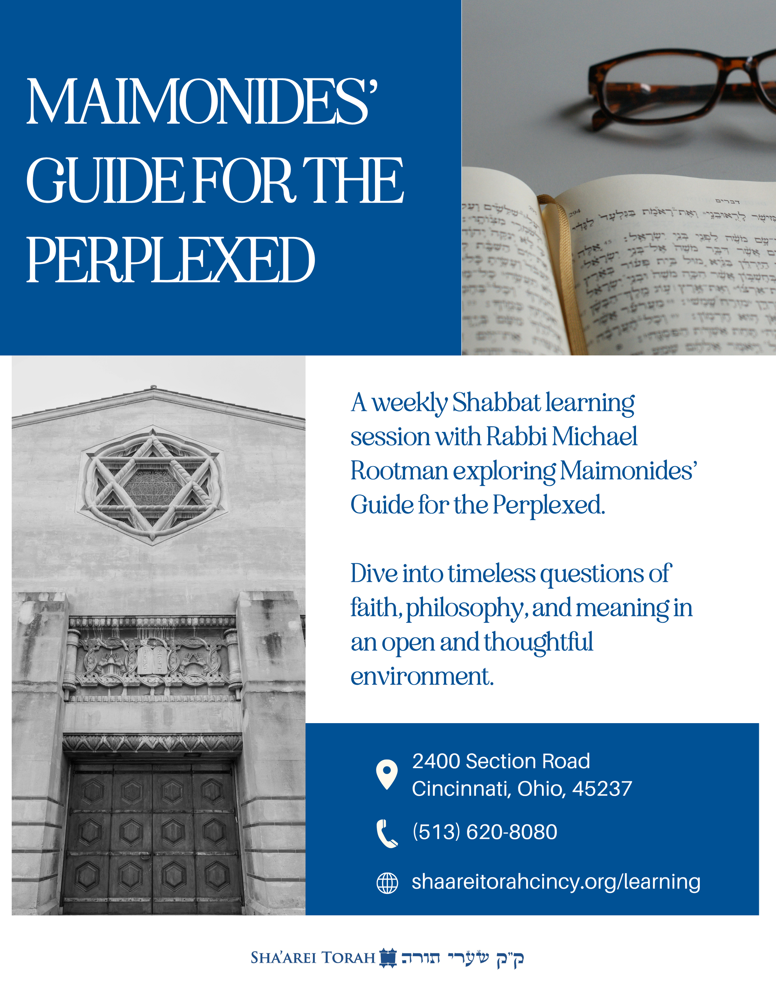 Flyer for Maimonides Guide for the Perplexed, featuring a synagogue facade, a window with a complex star design, and text providing information about a weekly Shabbat learning session with Rabbi Michael Rootman, including address and contact details.