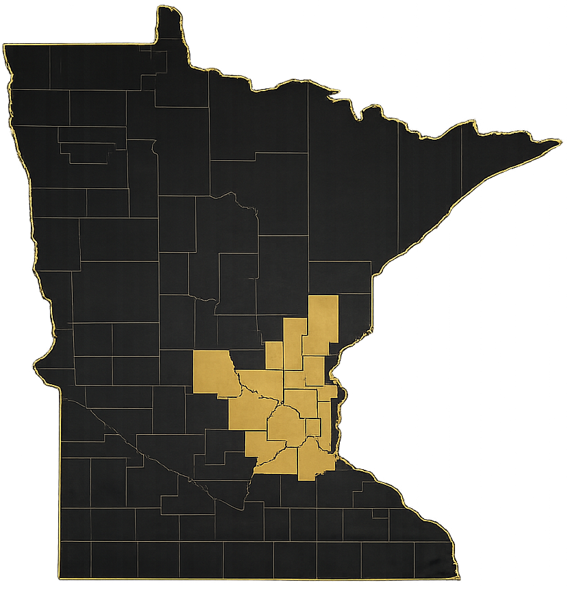 Map of Minnesota highlighting the seven primary counties served by Gambit Hardscapes
