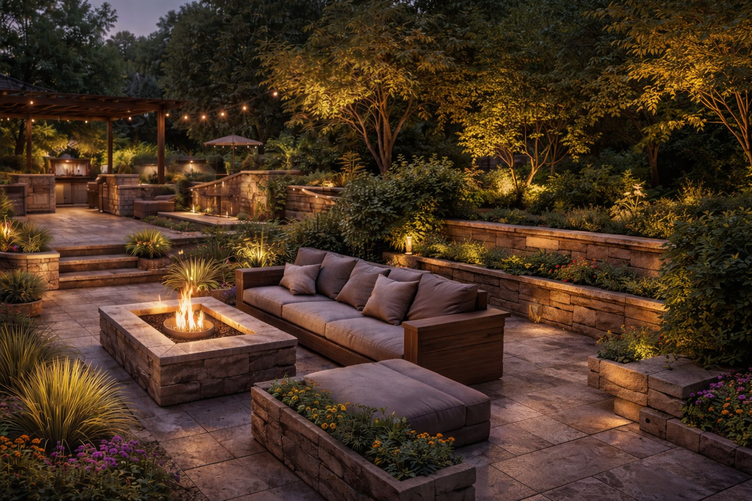 custom outdoor living space with paver patio fire pit seating lighting and landscape design Minnesota