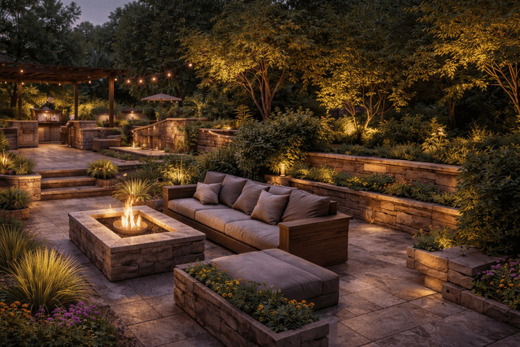 Conceptual rendering of an integrated outdoor living space with a fire feature, seating, landscape lighting and structural walls