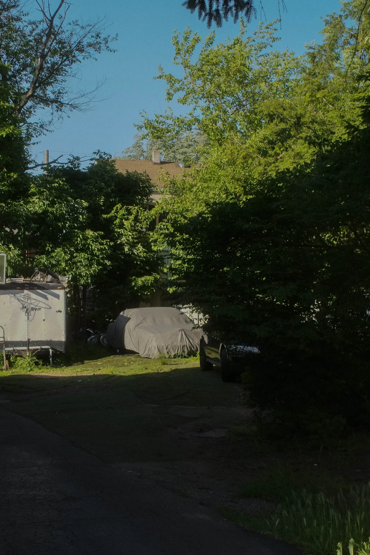 Residential backyard with a covered vehicle, a trailer, and a black car parked among trees and greenery, with a house roof and blue sky in the background.