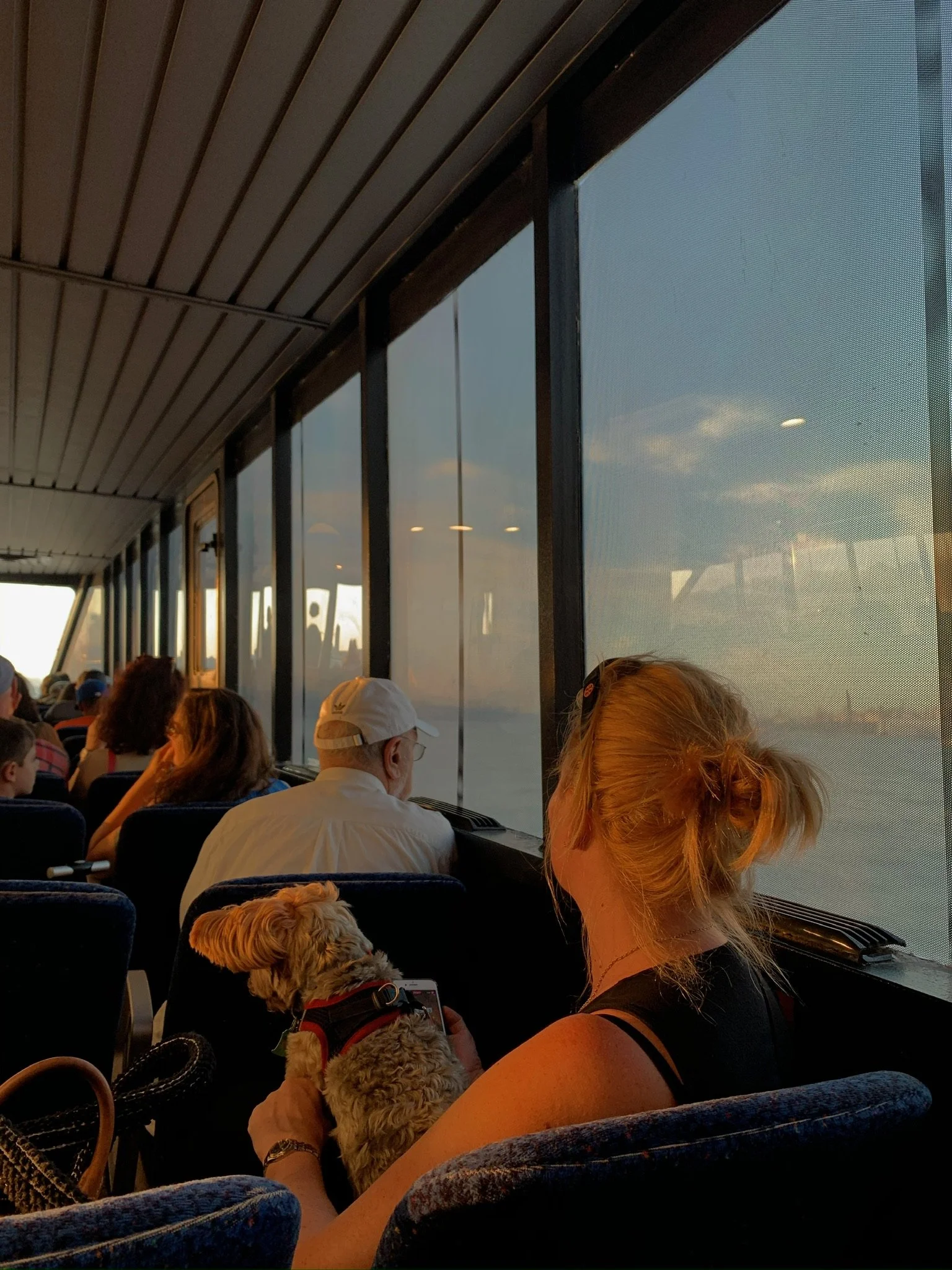 People sitting on a ferry boat, looking out the windows at the water and sky outside during sunset. A woman with red hair is holding a small dog and looking at her phone.