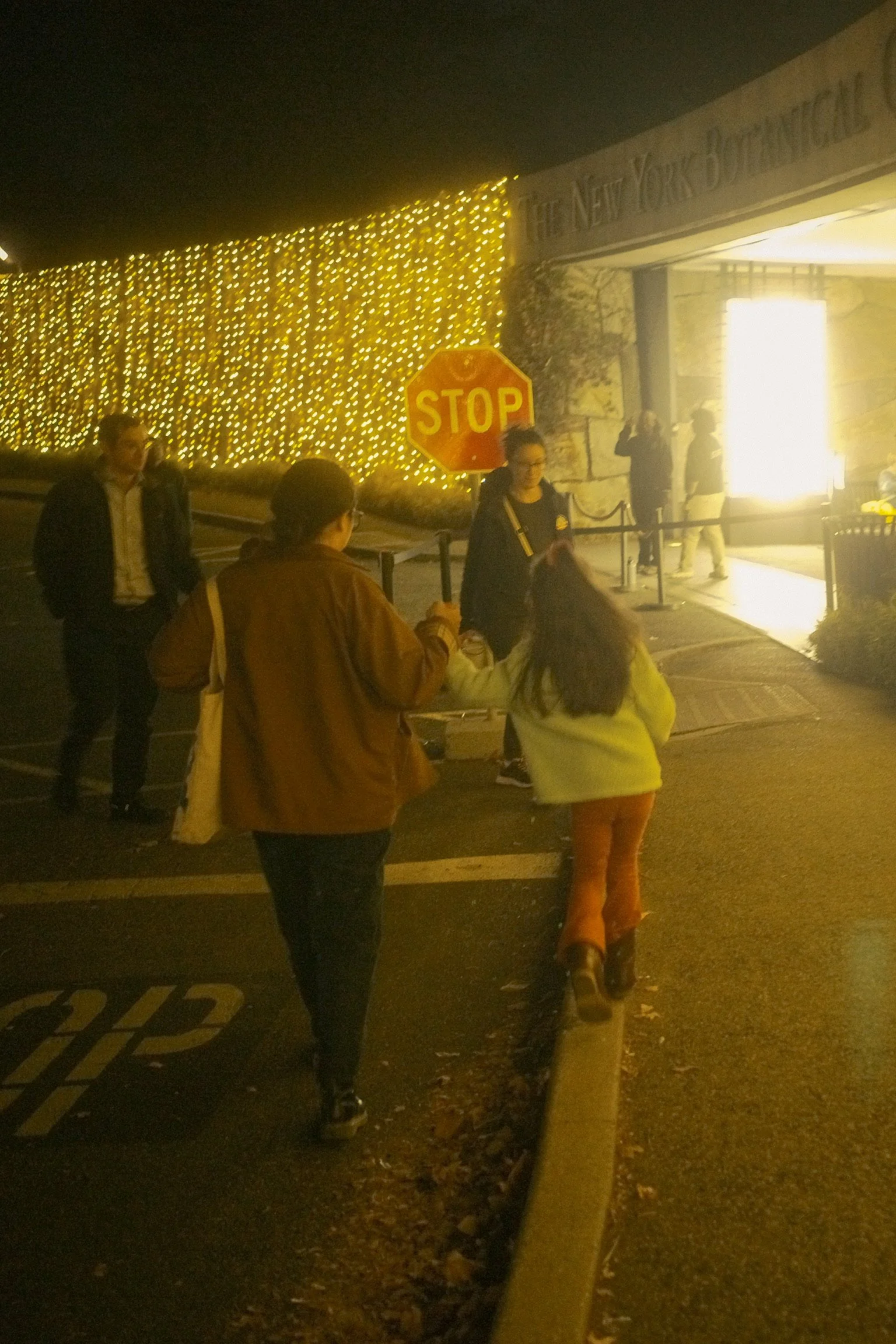People walking outside in front of a lit-up wall with the sign 'The New York Botanical Garden' at night.
