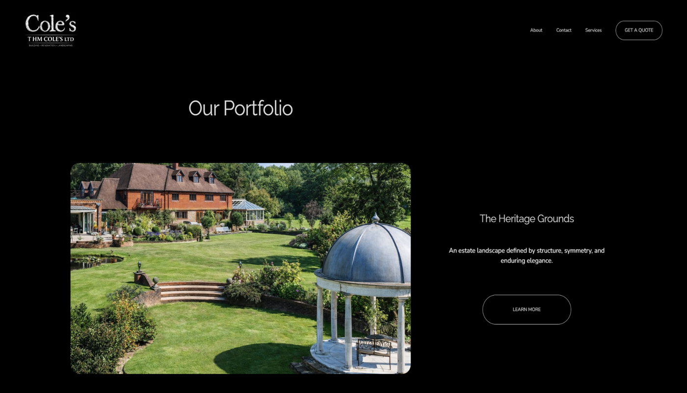 Screenshot of a landscaping website showcasing a large estate property with a house, lush lawn, garden, and a decorative gazebo.
