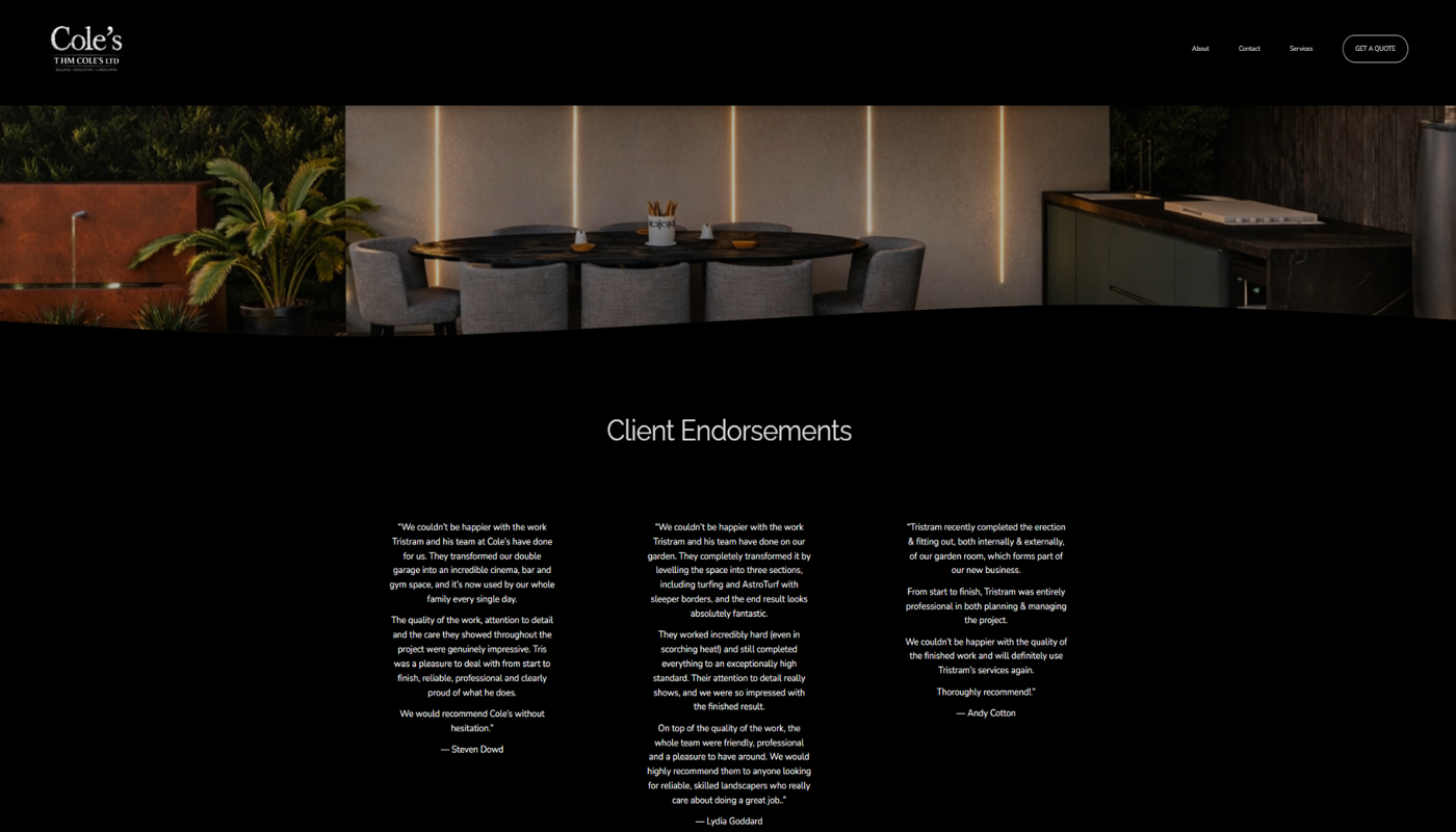 Homepage of Cole's website featuring a black header with white text, an interior dining area with a black round table and gray chairs, decorative plants, and client testimonials on a black background.