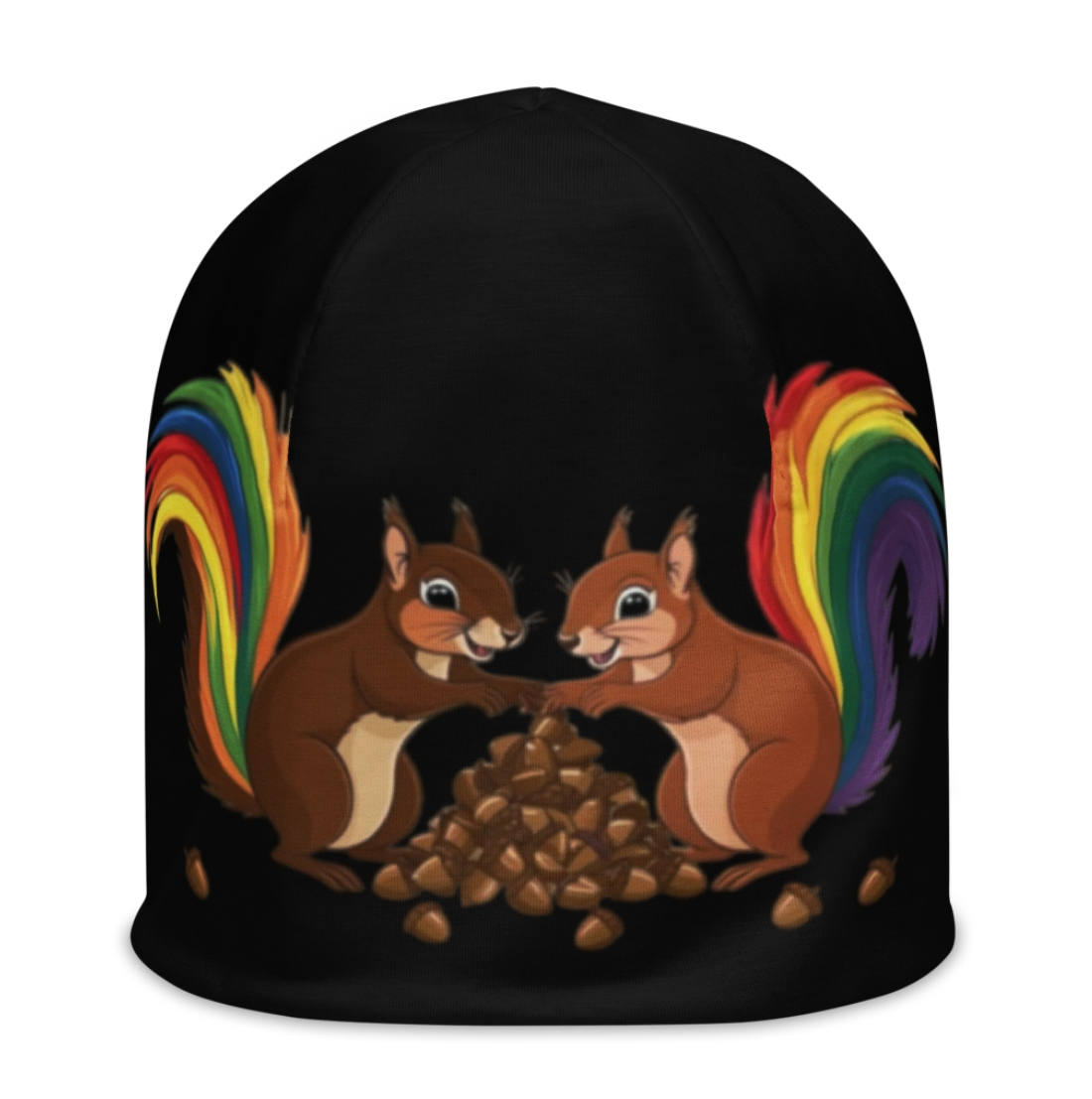 BLACK BEANIE WITH LARGE RAINBOW SQUIRRELS