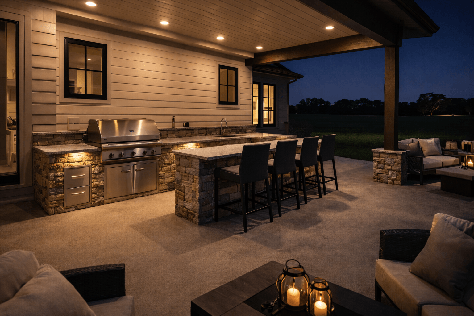 Luxury outdoor kitchen with built-in grill, stone counters, and bar seating under covered patio in Liberty Hill Texas