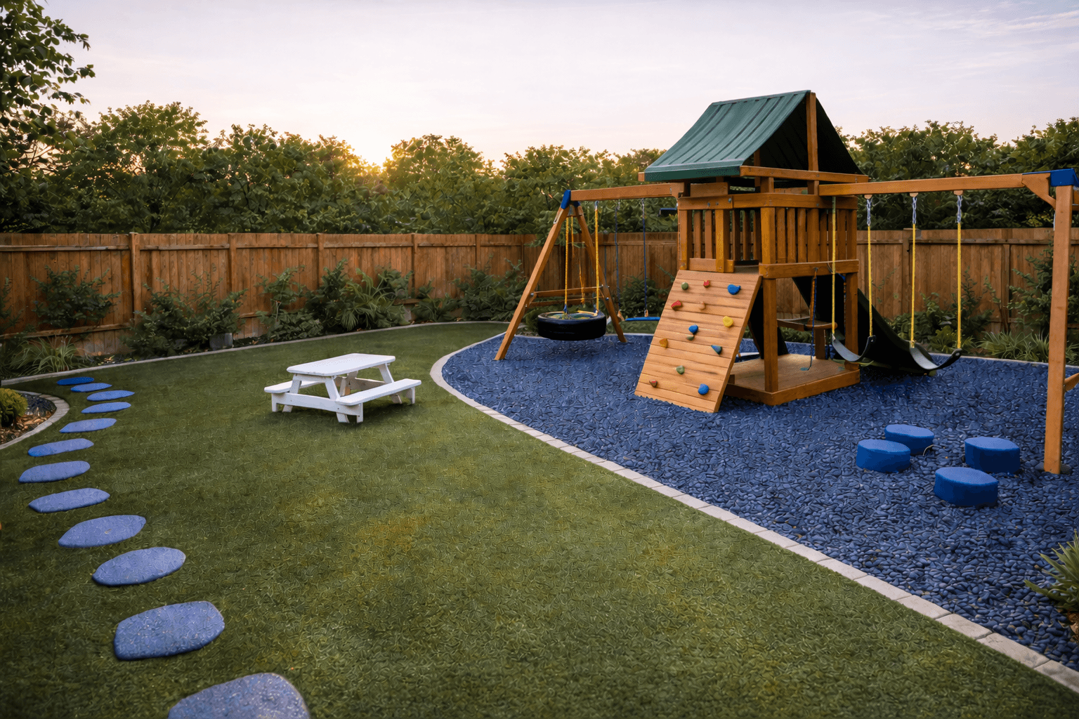 Custom backyard play area with playground set and artificial turf safety surface for families