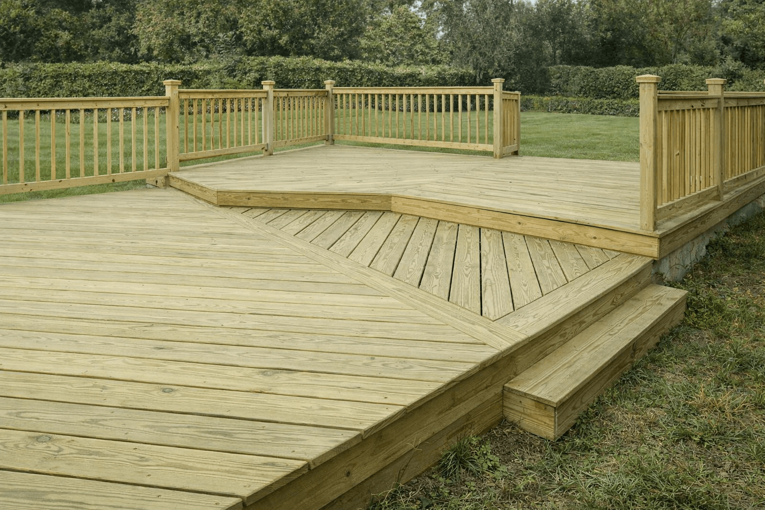 Pressure treated wood deck with natural finish and railing in Liberty Hill Texas backyard