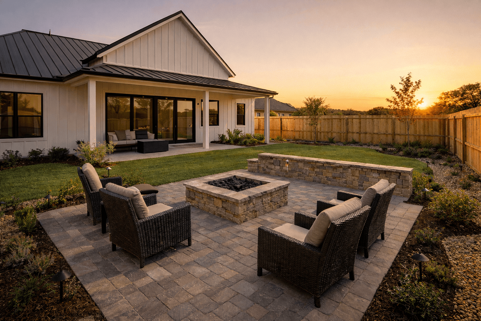 Stone paver patio with fire pit and seating wall installed in backyard outdoor living space