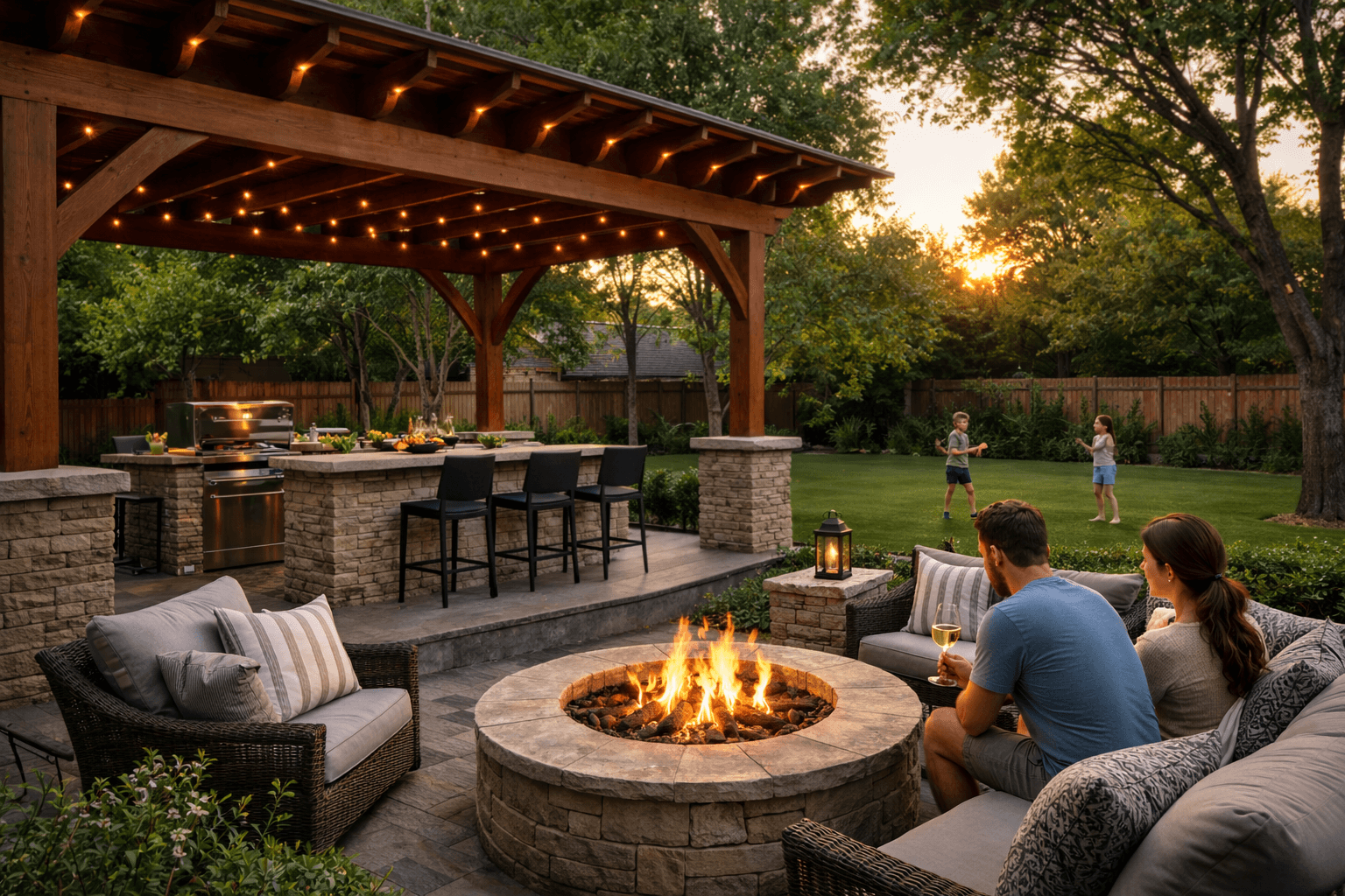 Outdoor living backyard design in Central Texas featuring a cedar pergola, outdoor kitchen, stone fire pit seating area, and artificial turf lawn designed for family entertaining and backyard transformations.