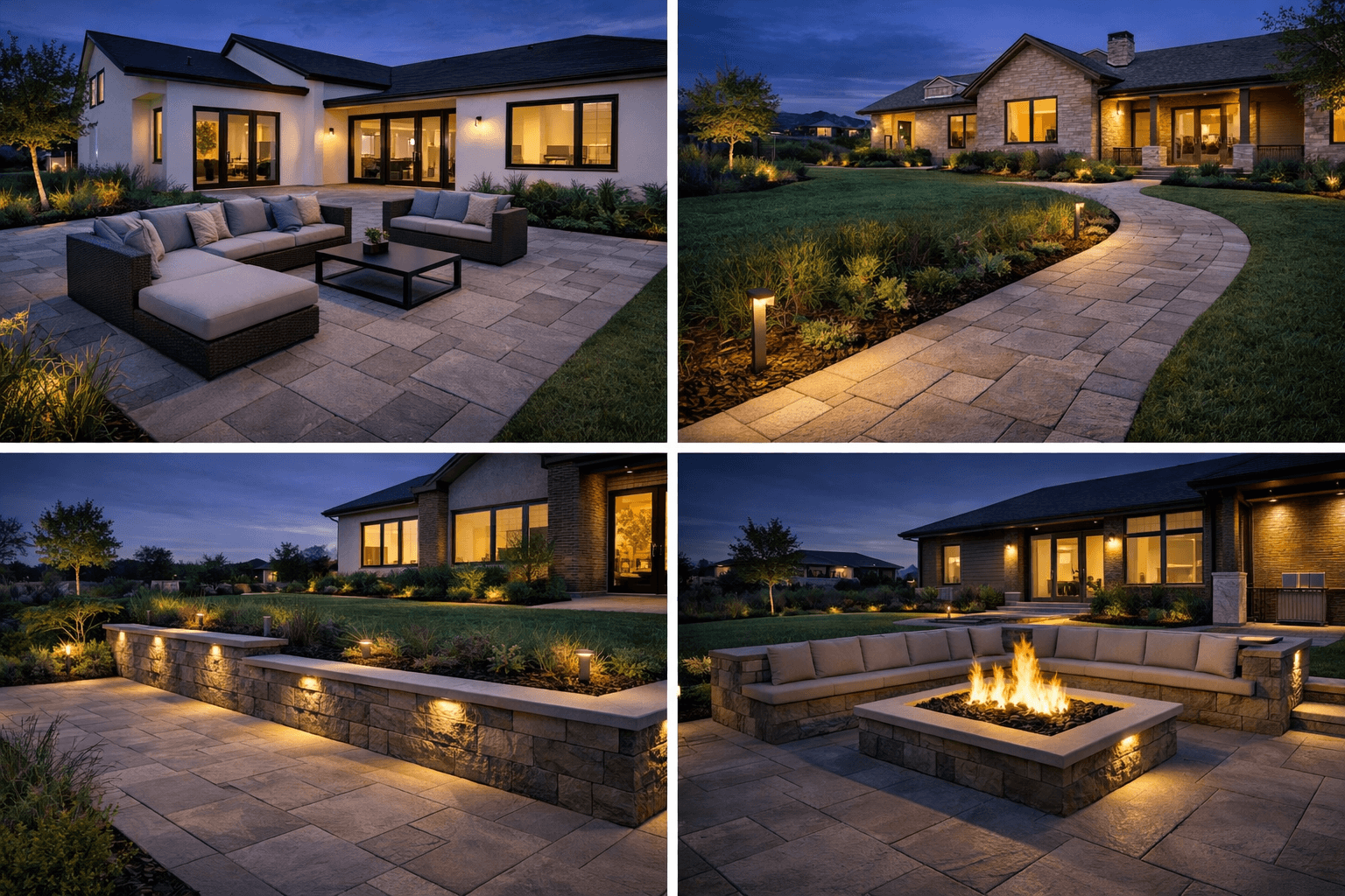 Nighttime views of a modern house courtyard featuring outdoor seating area, curved paved walkway, garden lights, stone retaining wall with lighting, and a fire pit with seating, illuminated by exterior lights.