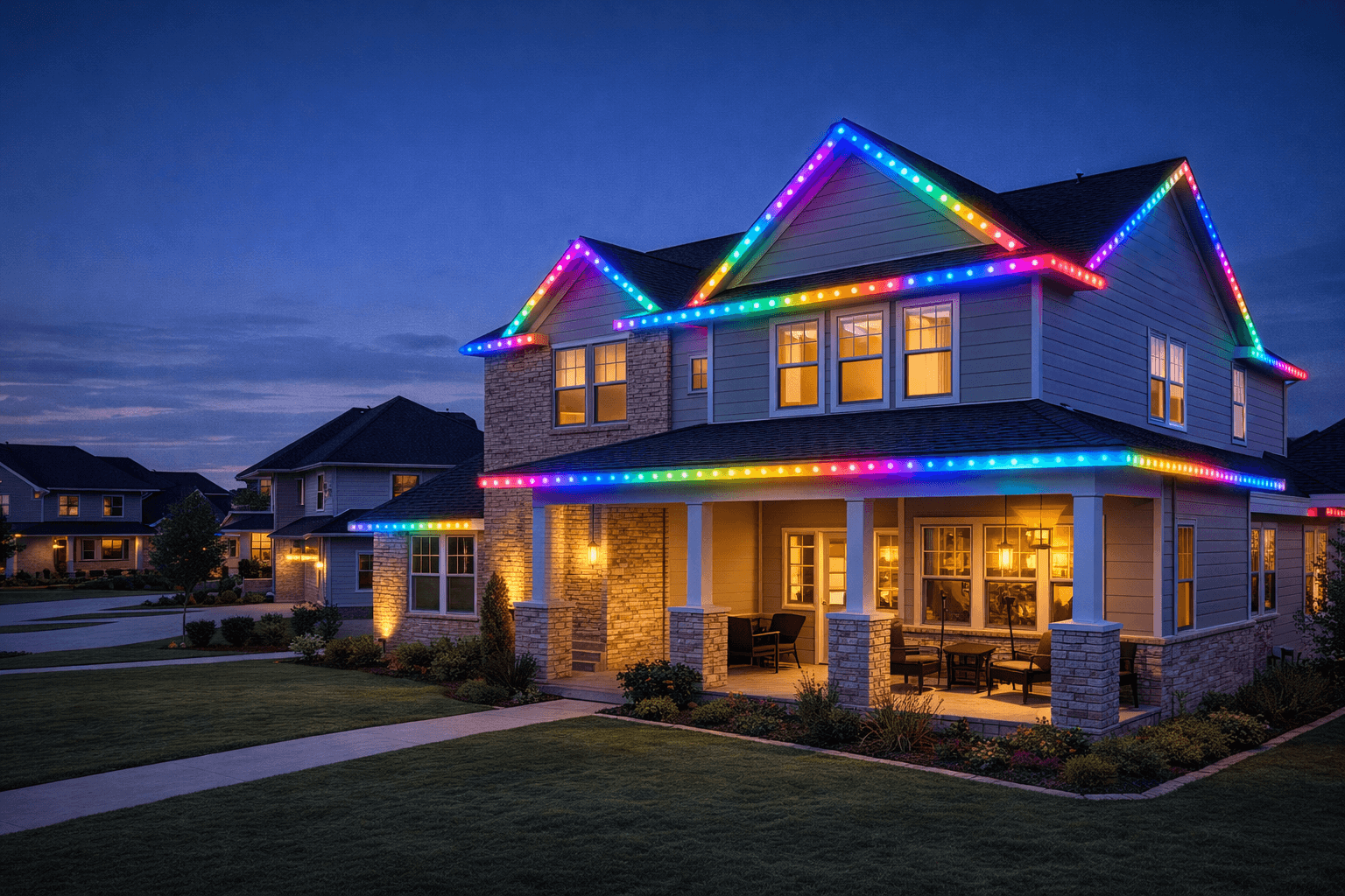 A two-story house decorated with colorful Christmas lights at dusk, with the lights outlining the roof and balcony, and the house's warm interior lights visible through the windows.