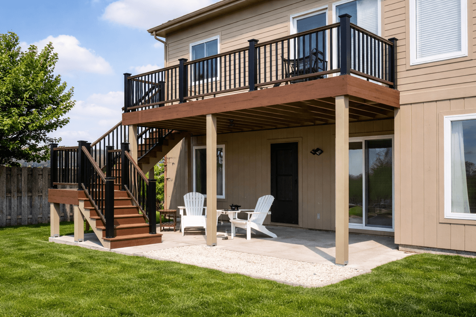 Elevated backyard deck with stairs and covered lower patio area
