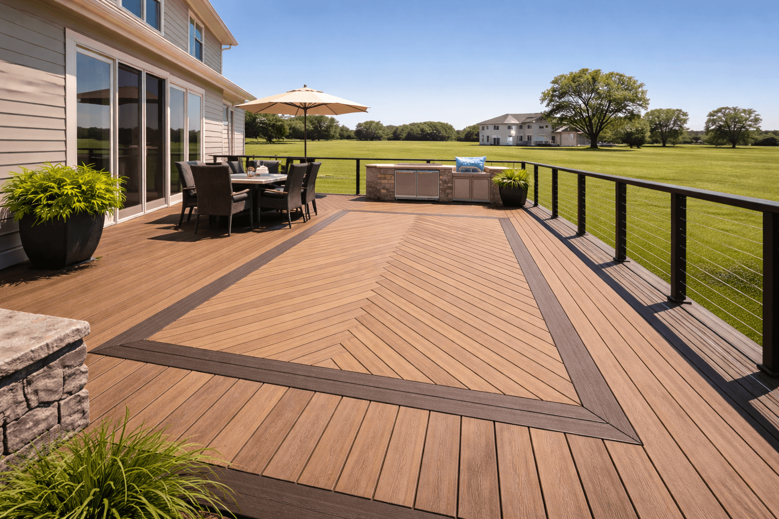 Modern composite deck with diagonal board pattern and backyard view in Liberty Hill Tx