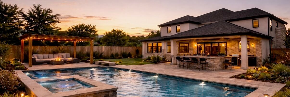 Luxury backyard design with pool, pergola lounge, and outdoor kitchen creating a complete outdoor living space