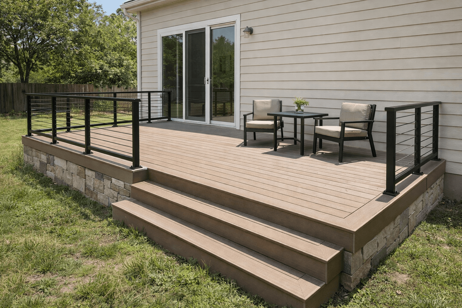 Ground level composite deck with black railing attached to home in Liberty Hill Texas