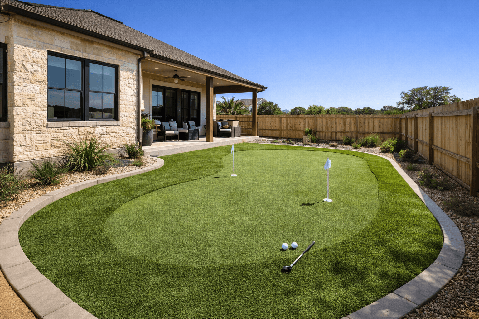 Artificial turf backyard putting green with curved borders installed behind Texas suburban home