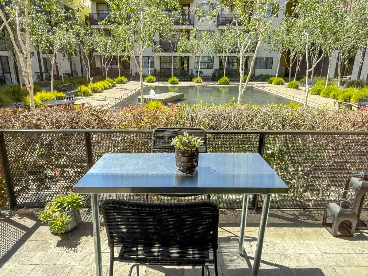 Patio with view of fountain. 