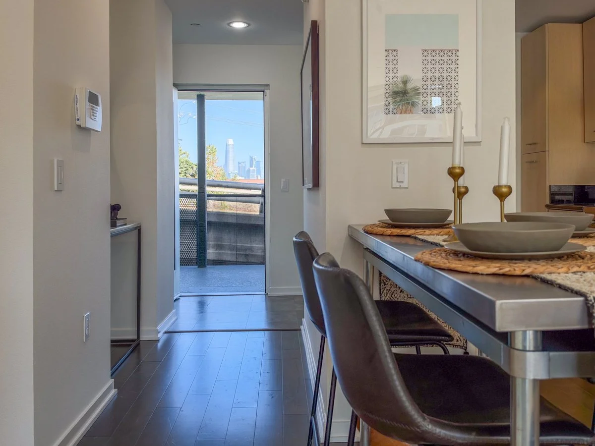 Entry hallway and view out front door to city skyline. 