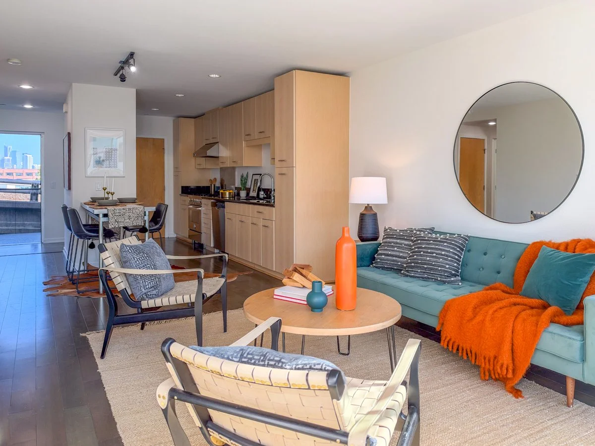 Living, Kitchen, Dining area and view out front to city skyline. 