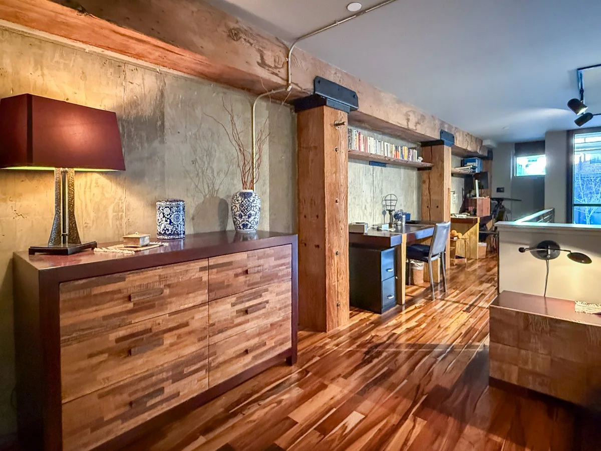 Redwood beams and office balcony.