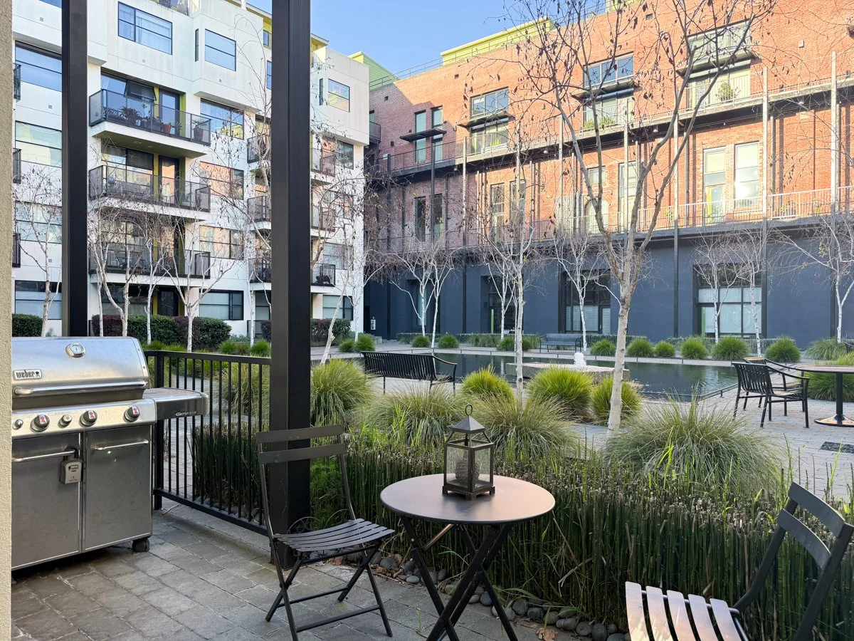 View to Esprit fountain from private deck. 