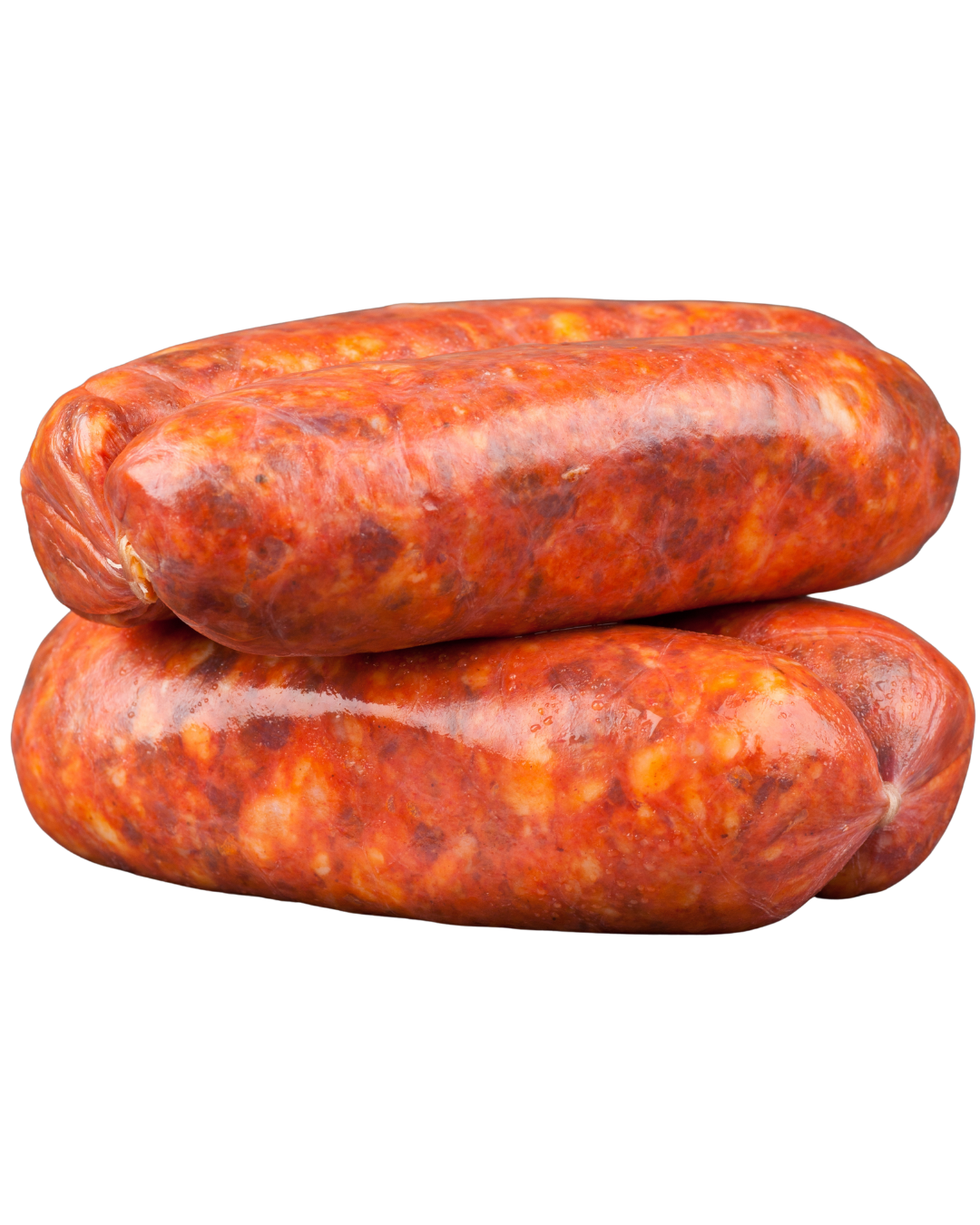 Three seasoned sausages stacked on each other against a white background.