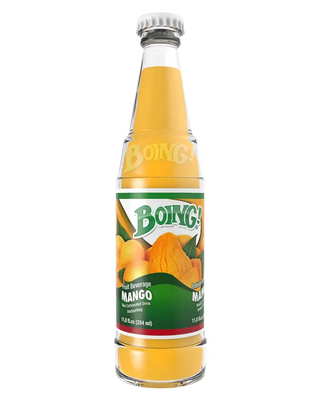 A bottled beverage labeled 'Boing!' with mango flavor, featuring images of mangoes and mango pulp on the label.