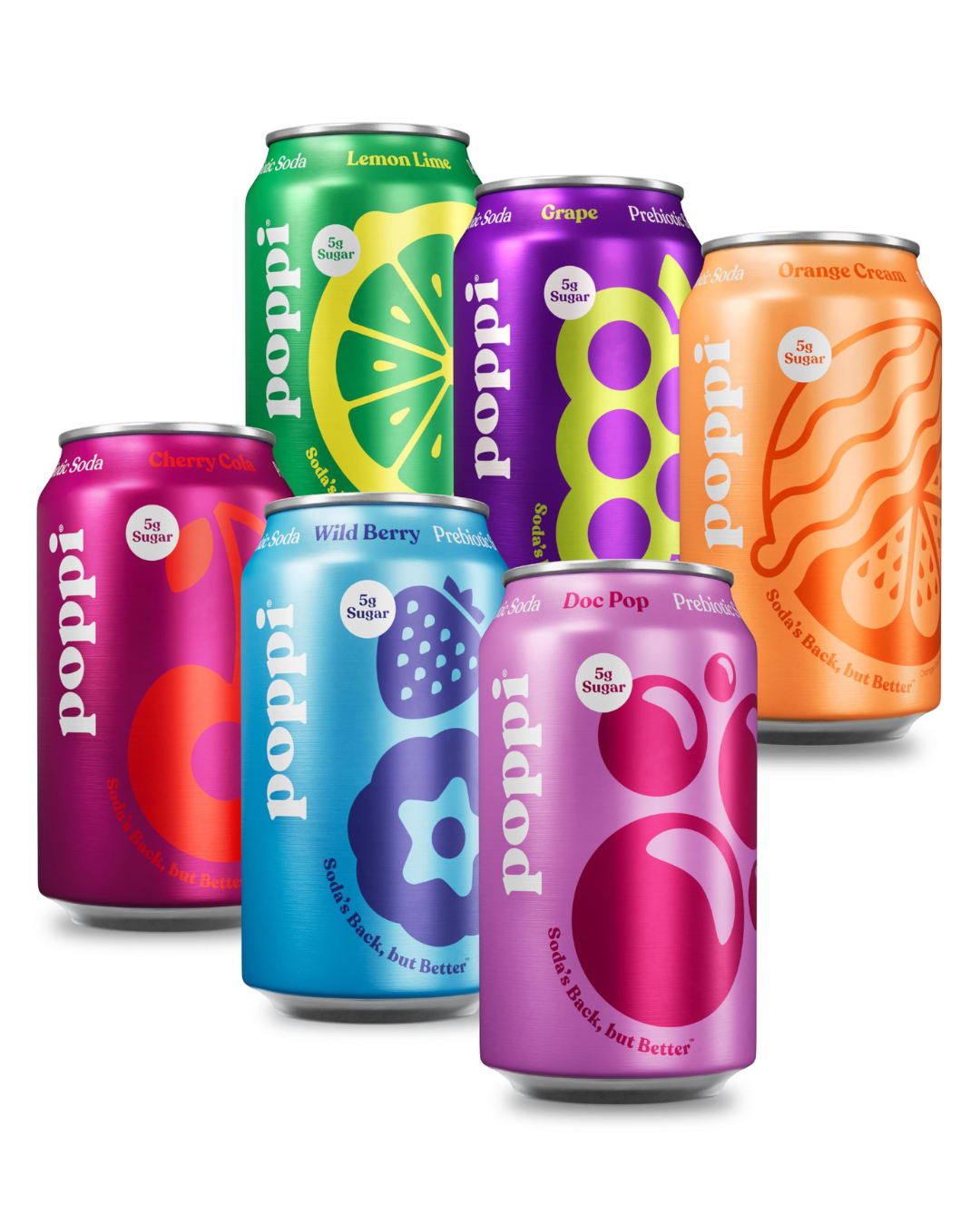 Six cans of soda with colorful fruit-themed labels and the brand name 'Poppi' prominently displayed.