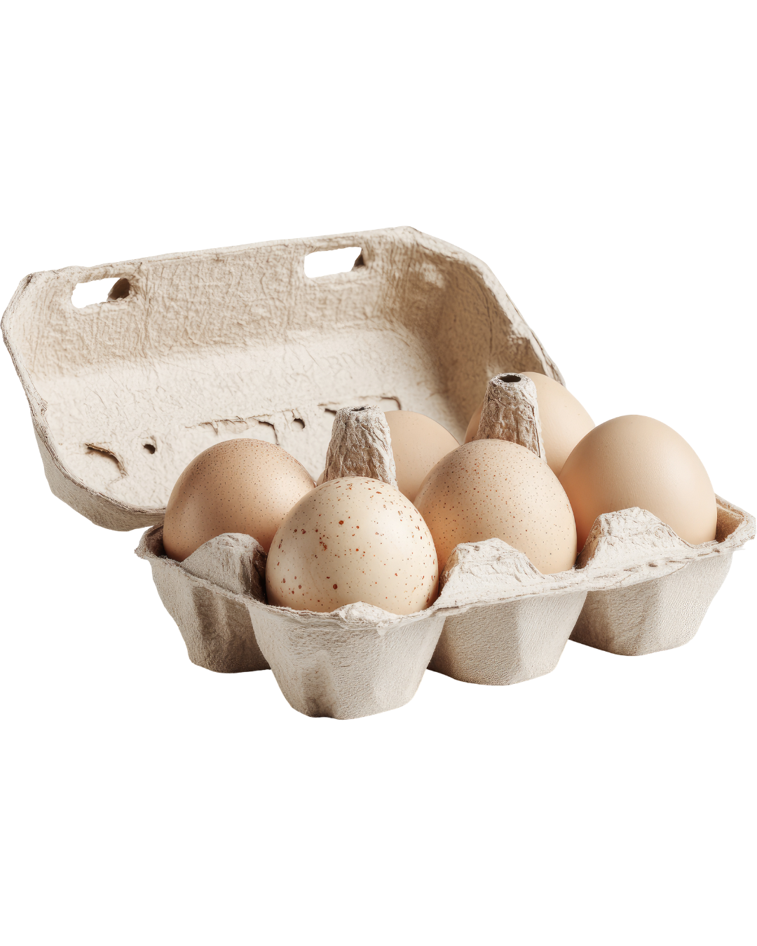 Six eggs in a cardboard egg carton, some with speckled shells, on a plain white background.