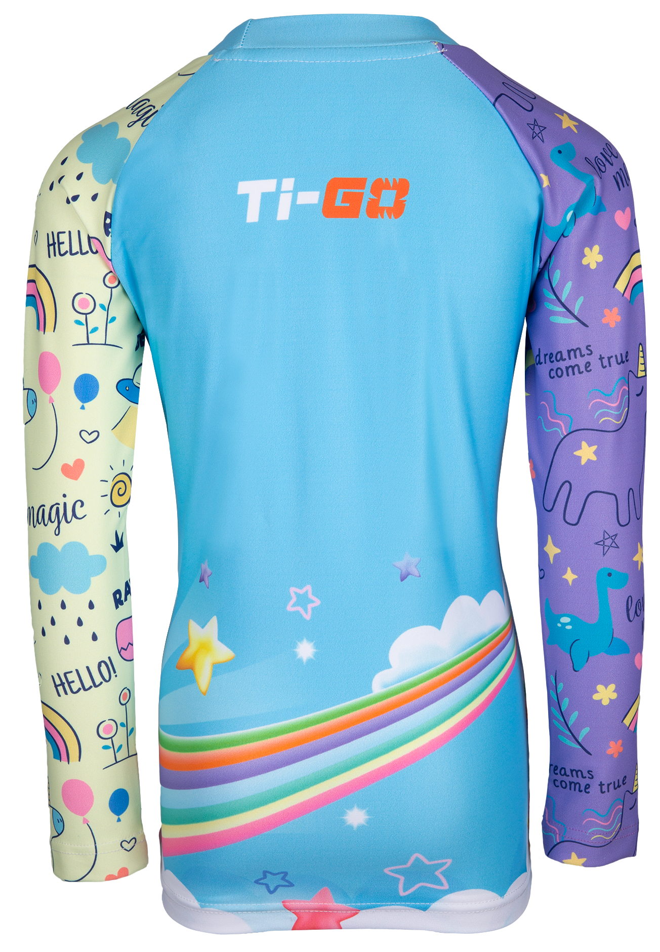 Colorful men's rash guard featuring a rainbow and star design on the front and whimsical patterns like rainbows, clouds, unicorns, and phrases on the sleeves.