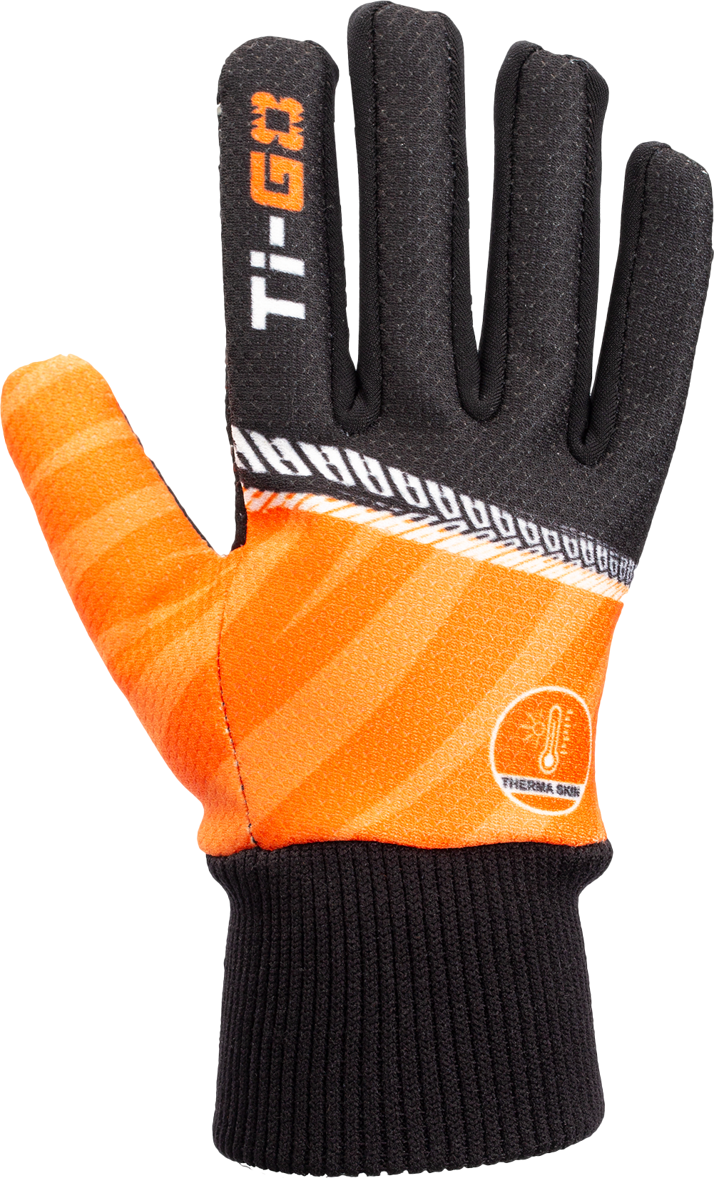 A close-up of a safety glove designed for cold weather, featuring a black index finger with the logo "T-G2" and a bright orange cuff with a thermometer icon indicating insulation for thermal protection.