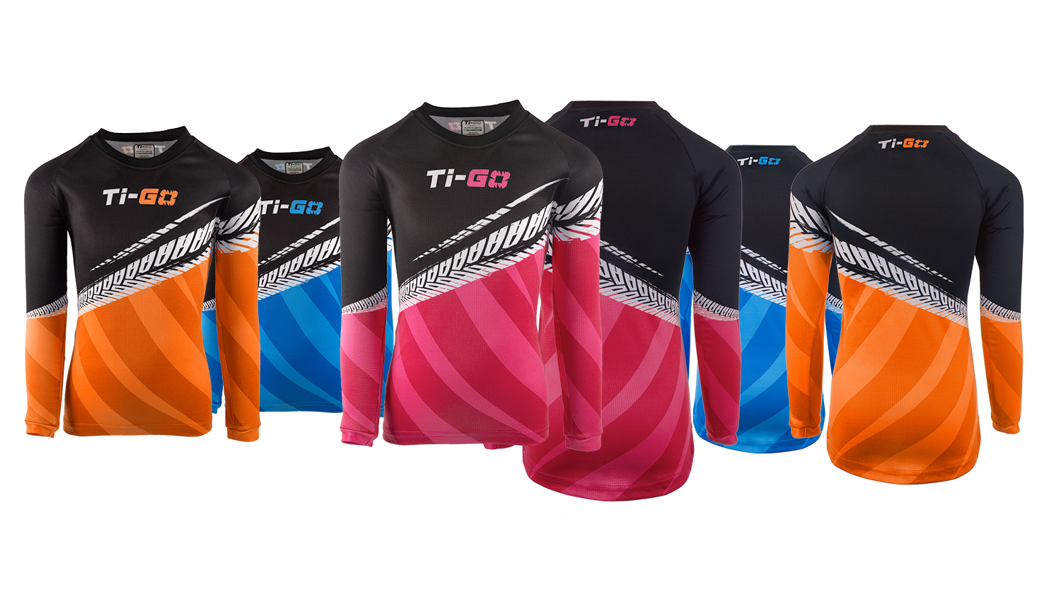 Six long-sleeve sports jerseys in black, orange, blue, and pink with the brand 'Ti-GQ' logo, arranged in a row for display.