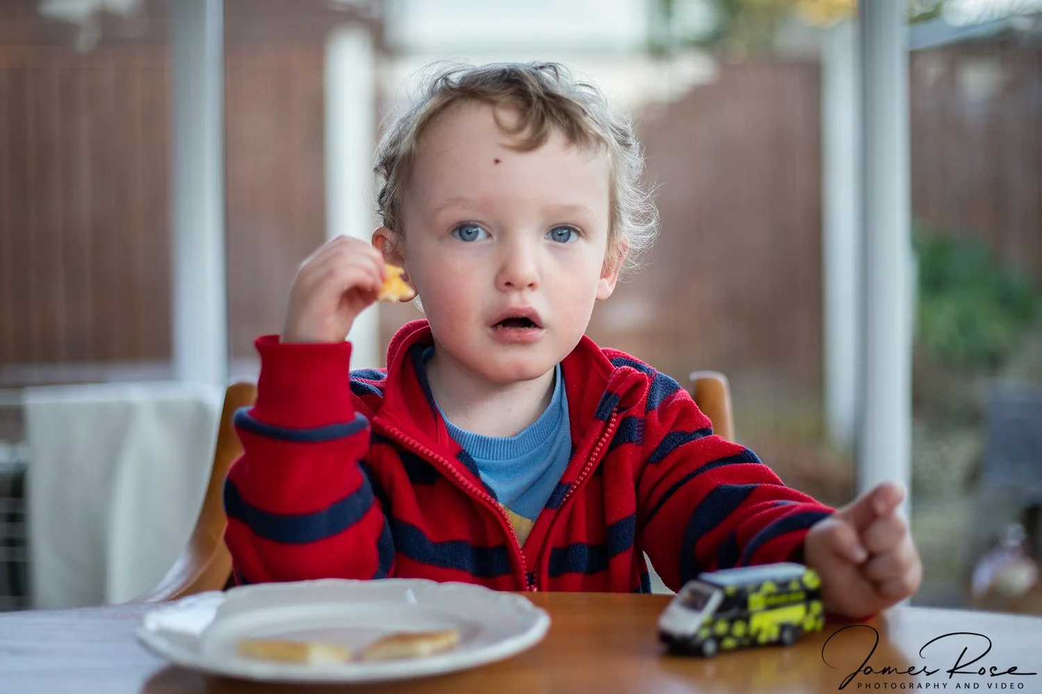 A young boy with blonde curly hair, blue eyes, and a small blemish on his forehead, wearing a red and blue striped jacket, is sitting at a table outdoors. He has a plate with some food and a toy vehicle in front of him. The background is a backyard w