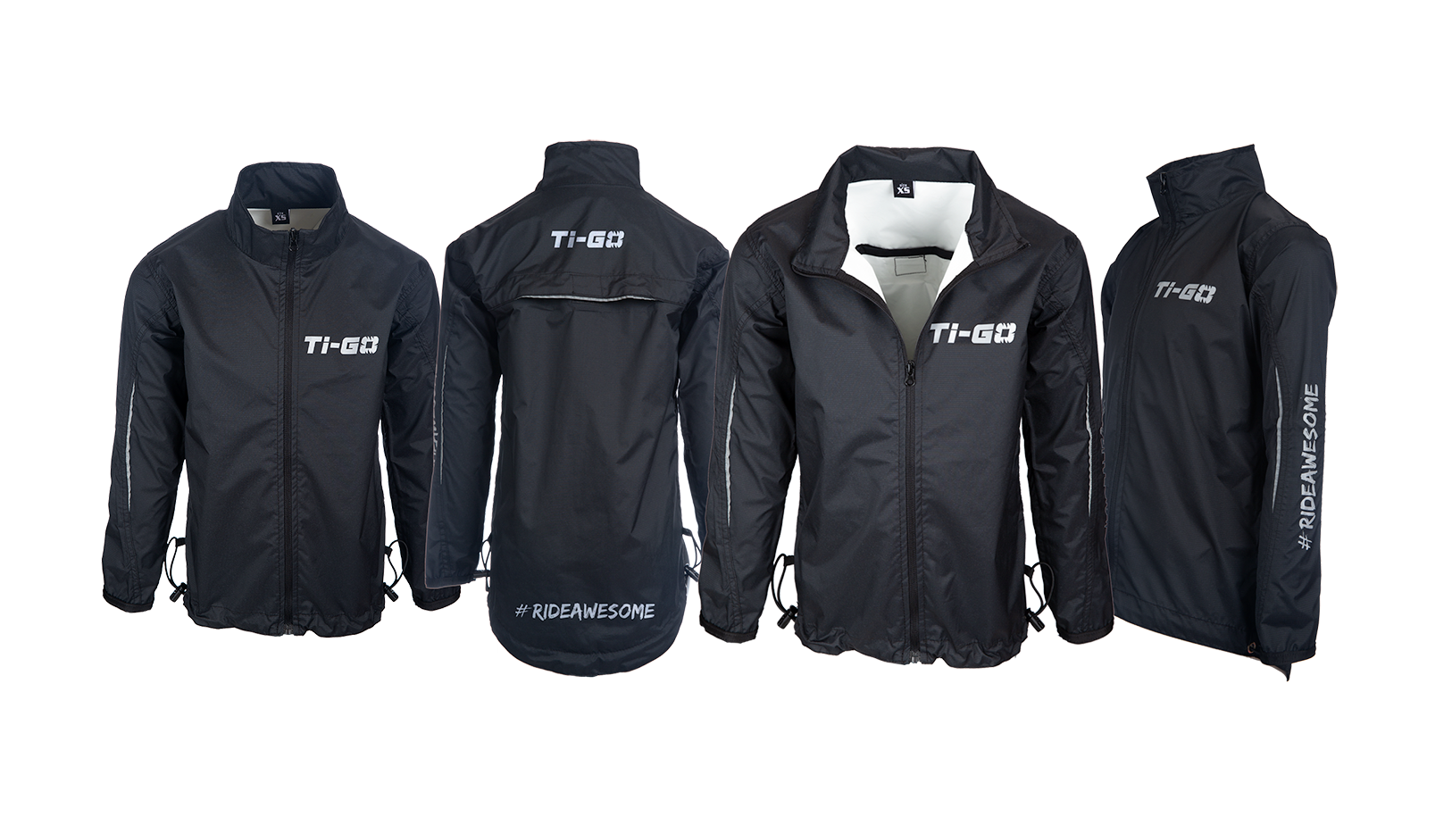 Set of four black zip-up jackets with white logos, displayed from front and back, featuring the text '#RIDEAWESOME' on the lower back of the second jacket from the left.