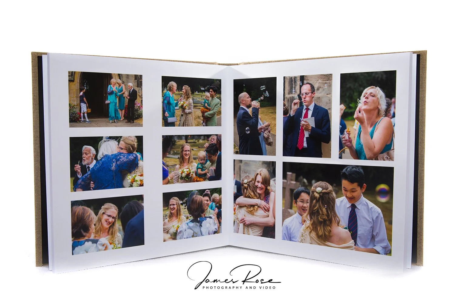 Open photo album with multiple pictures of people at a wedding or celebration outdoors, showing guests hugging, chatting, and enjoying the event.