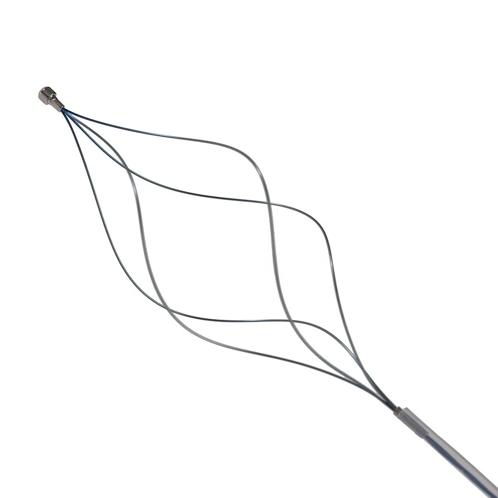 A small, handheld metal wire toy or accessory with multiple wire loops and cords extending from both ends.