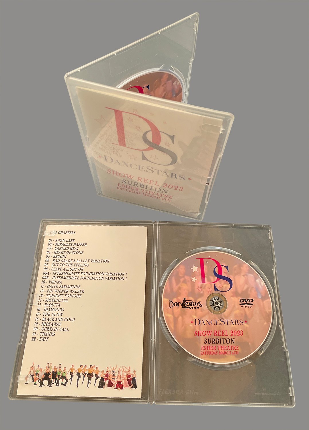A DVD case with a list of dance show chapters and a DVD inside the case for a dance performance titled 'DANCESTARS SHOW REEL 2023' at the Esher Theatre on March 4th, 2023.