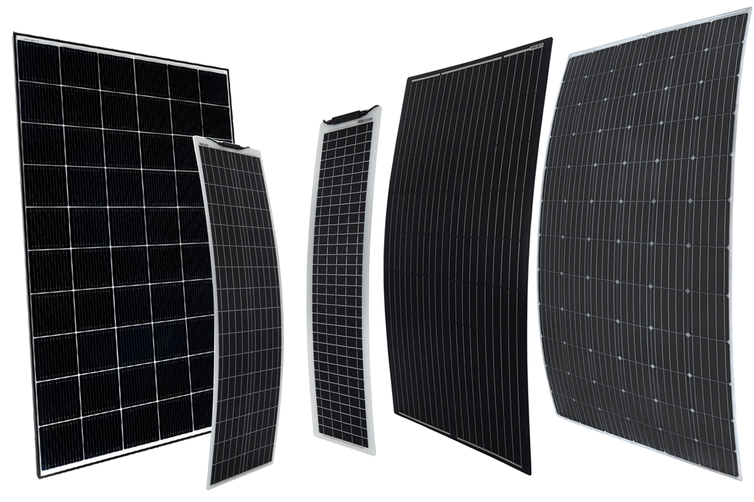 Multiple different types of black solar panels with silver frames, arranged in a curved line.