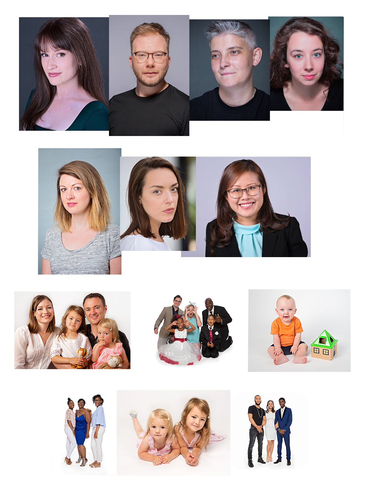 Collage of diverse people and children, some in professional clothing, others with casual or playful attire, with some children and a dollhouse, set against various backgrounds.