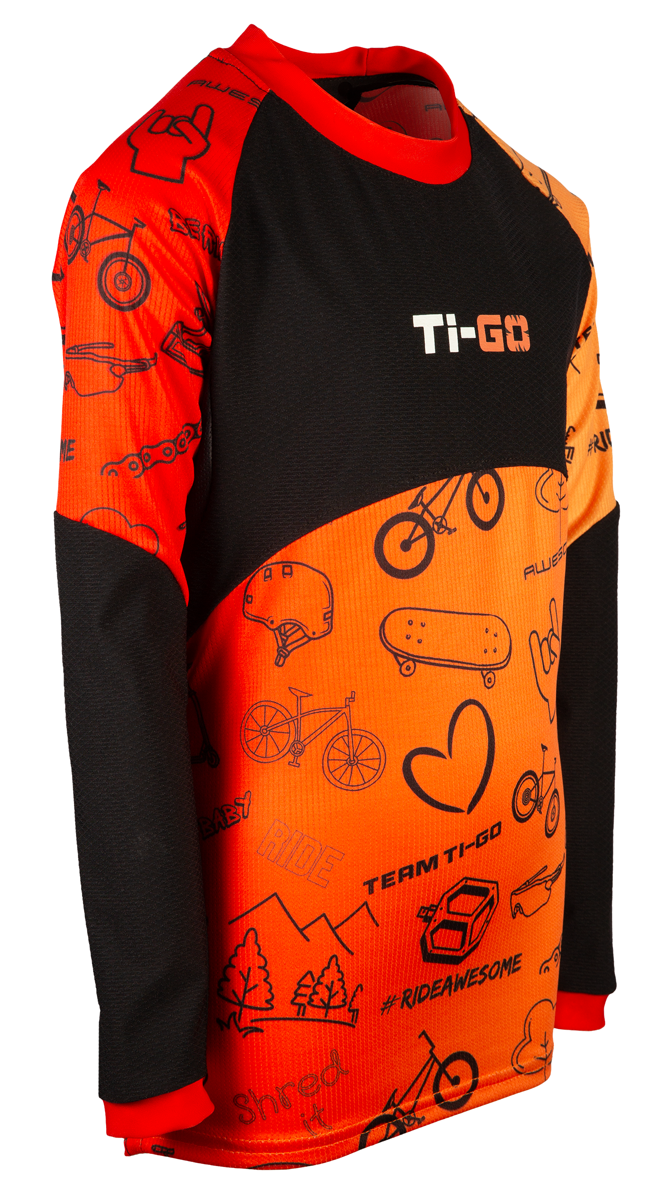 A black and red team cycling jersey with orange accents featuring various cycling-themed illustrations and phrases such as bicycle, helmet, mountain, and the words "TEAM TI-GO" and "RIDEAWESOME."